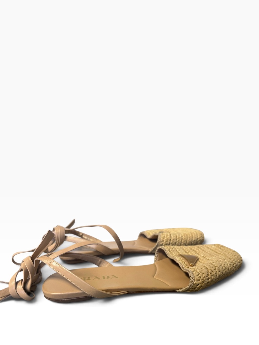 Prada Triangle Logo Natural Raffia Straw Woven Wrap Up Sandals Tan EU 40 - Picture 6 of 10